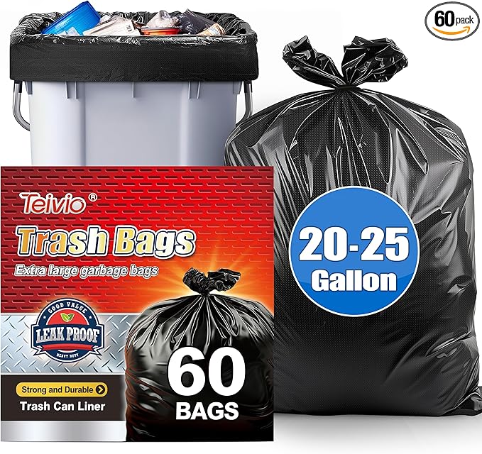 Teivio Black Trash Bags 20-25 Gallon 60 Count | Large Multipurpose | Fit 18
