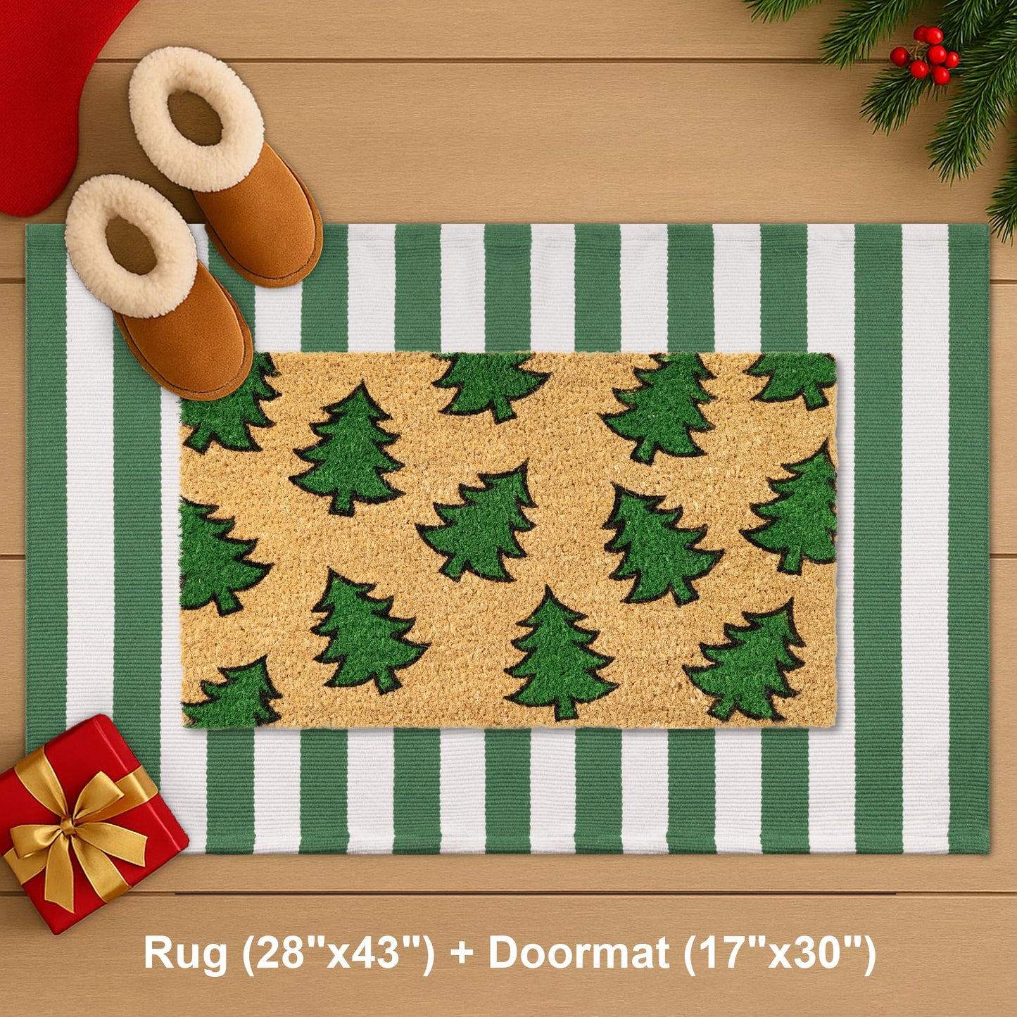 Christmas Door Mat Set 2-Piece, 17"x30" Coir Welcome Mat with Green Tree Pattern and 28"x43" Green White Striped Rug, Layered Front Porch Combo for Holiday Entryway Outdoor Decor