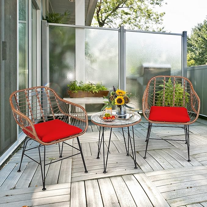 Tangkula 3 Pieces Patio Conversation Bistro Set, Outdoor Wicker Furniture