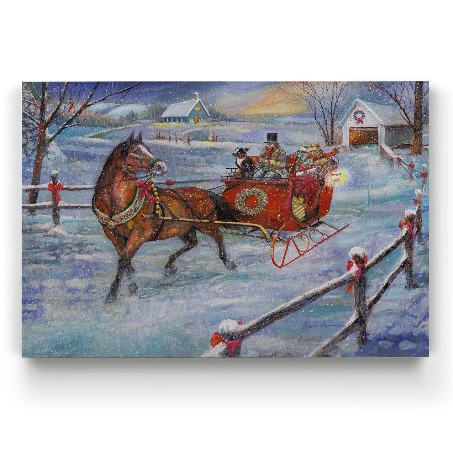 Renditions Gallery Xmas Canvas Wall Art Paintings Ruane Manning Sleigh Bells Christmas Ride Abstract Art Wall Hanging Prints for Bedroom Dining Living Room Office Home Kitchen Decor - 32"X48" LT18