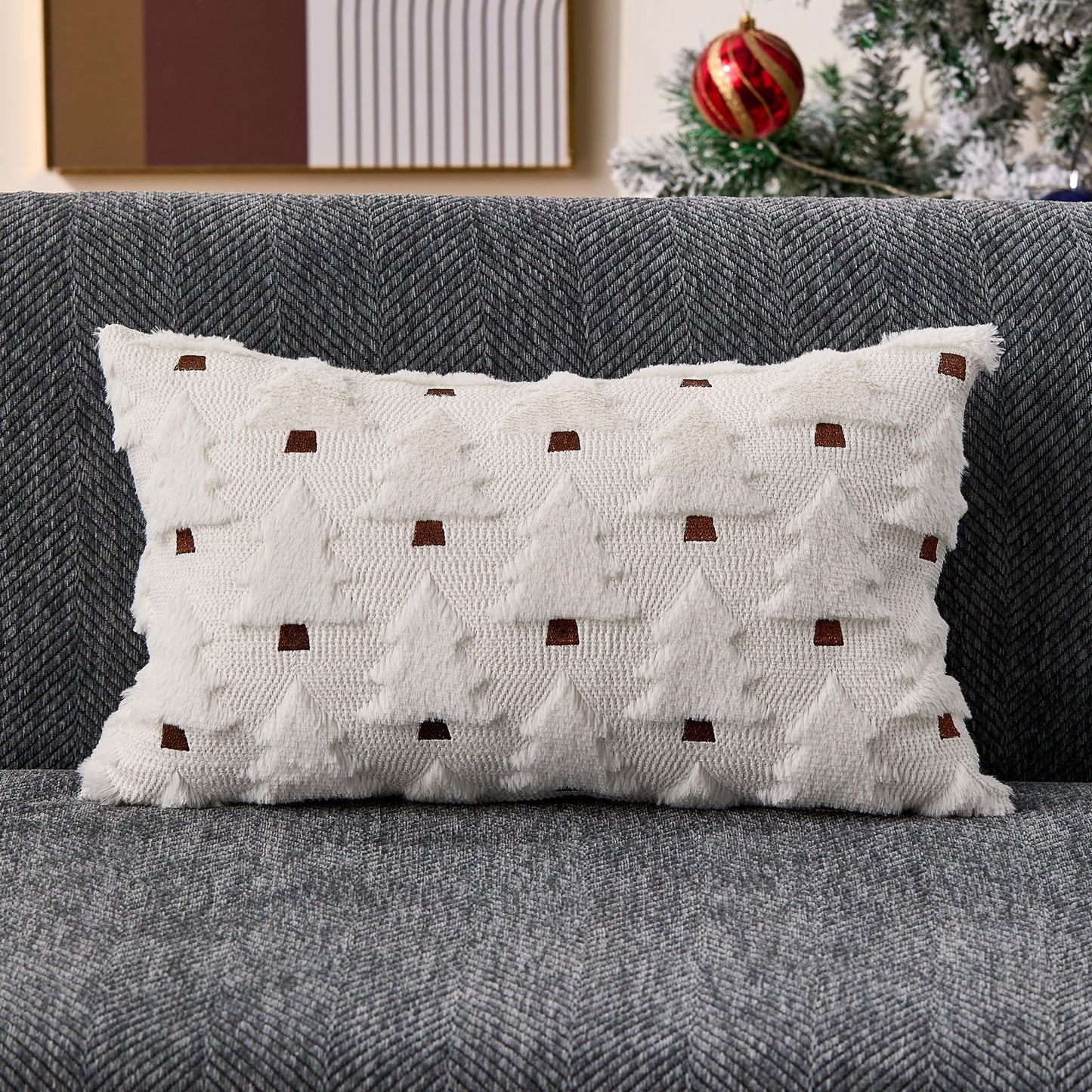 Allorry Christmas Lumbar Pillow Cover12x20 Christmas Decorations Soft Plush Faux Fur Wool Cream White Xmas Tree Throw Pillow Covers Winter Xmas Home Bedroom Sofa Decor PT-018D12