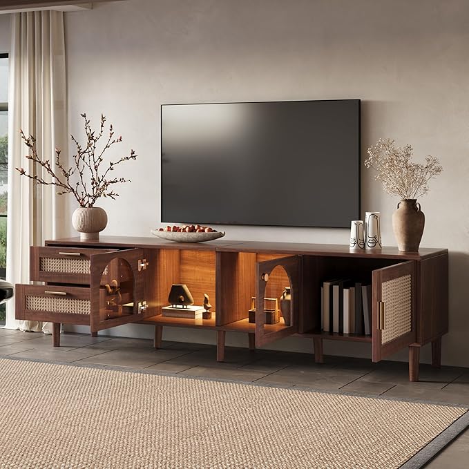 Merax Rattan TV Stand with LED Lights, Solid Wood Feet, Living Room, Bedroom