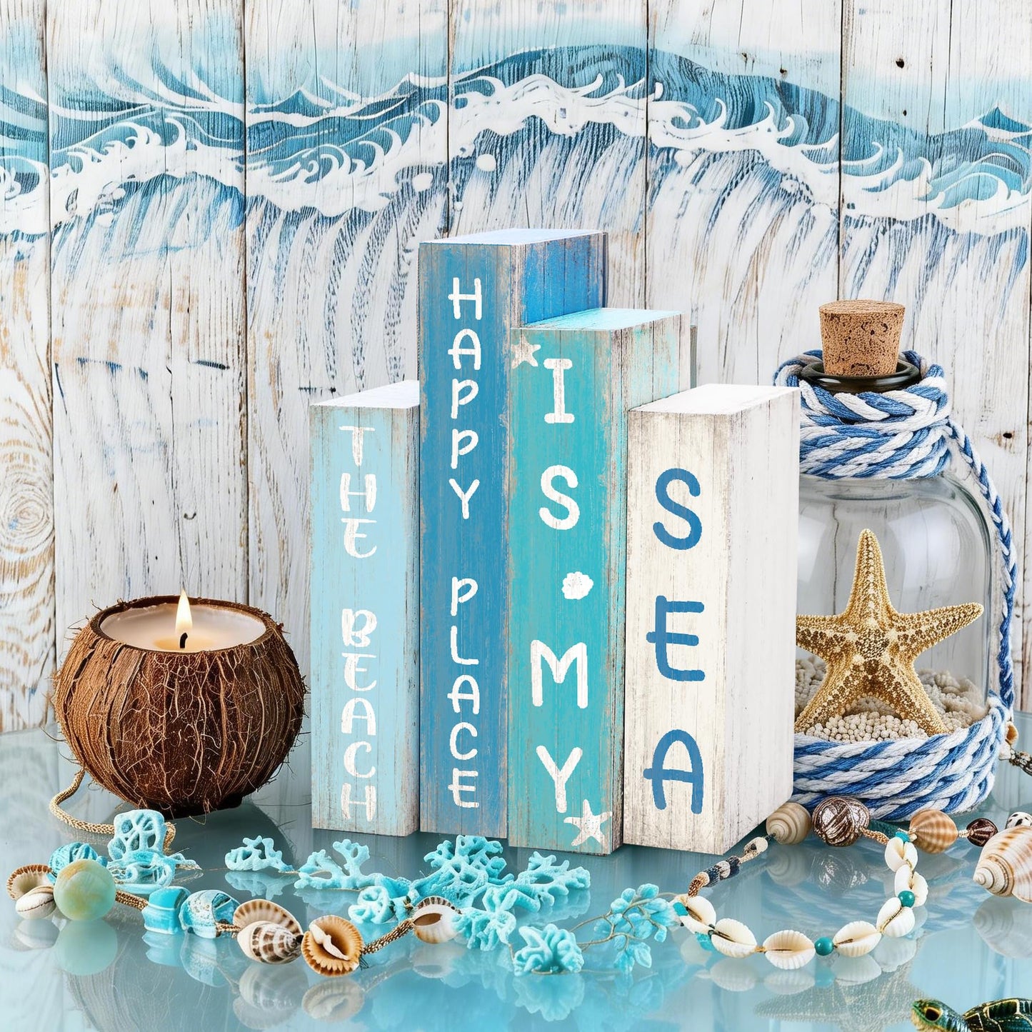 4 Pcs Beach Table Decor Ocean Rustic Wooden Book Sign Starfish Seashell Coastal Tiered Tray Decor Rustic Nautical Farmhouse Tabletop Sign Centerpieces for Summer Home Shelf Decoration