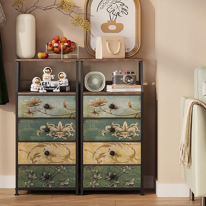 Tohomeor Dresser with Fabric Drawers Nightstand with 2 Tier Shelf Storage Tower