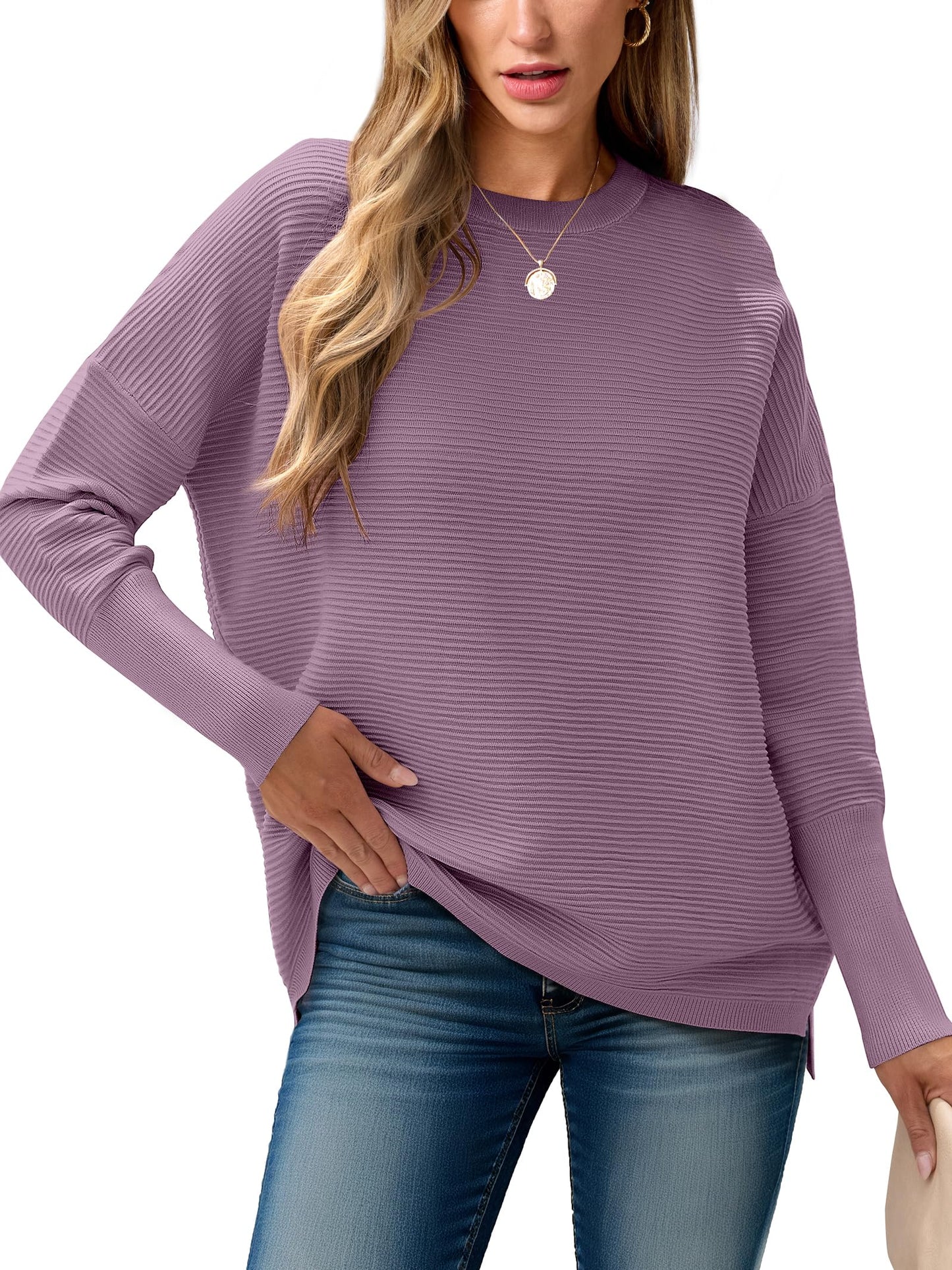 ANRABESS Womens Oversized Batwing Long Sleeve Ribbed Knit Sweaters 2025 Fall Outfits