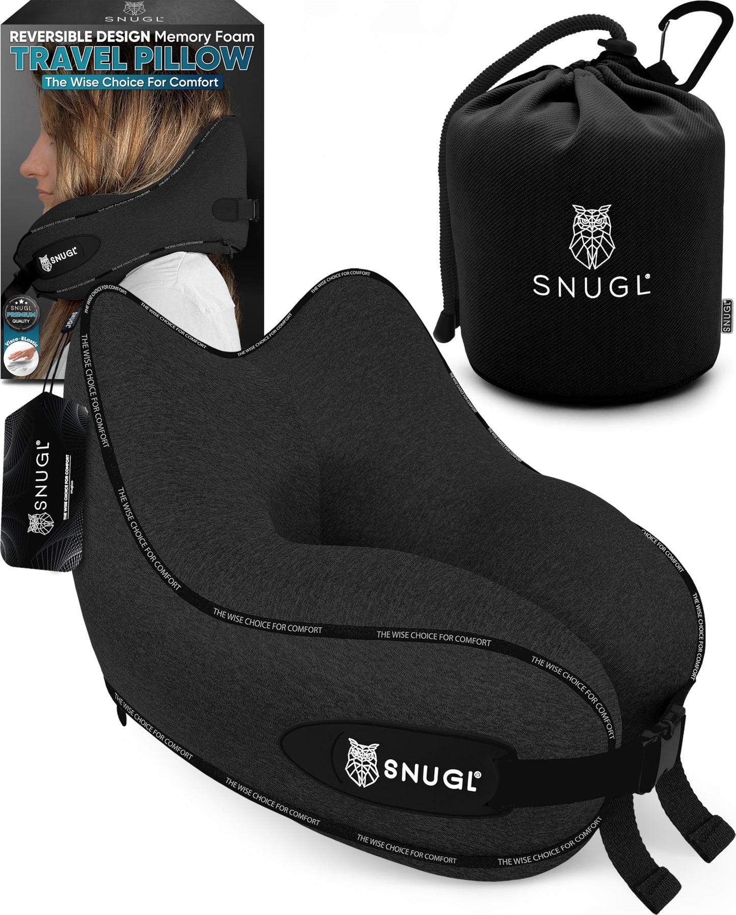 SNUGL Travel Pillow – Memory Foam Pillows - Neck Pillow for Airplane with Carry Bag & Clip – Neck Support Pillows for Pain Relief - Airplane Travel Essentials (Adult Regular - Black)