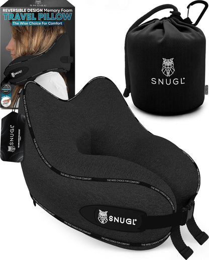 SNUGL Travel Pillow – Memory Foam Pillows - Neck Pillow for Airplane with Carry Bag & Clip – Neck Support Pillows for Pain Relief - Airplane Travel Essentials (Adult Regular - Black)