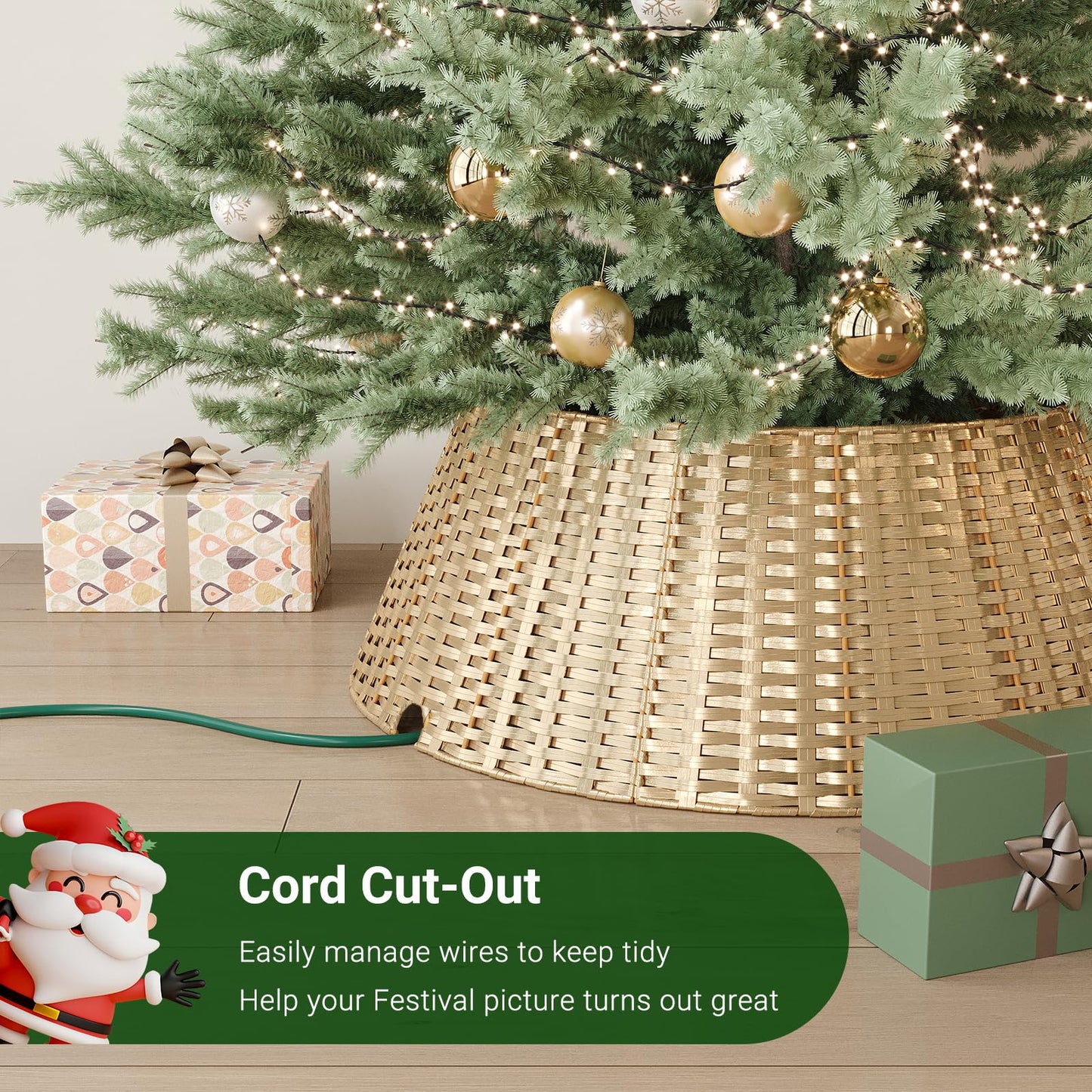 ELYKEN Gold Christmas Tree Collar, 28 Inch Woven Xmas Tree Skirt for 7.5 ft Trees, Stylish Rustic Basket for Tree Base Cover with Cord Cut-Out for Pencil Trees, Easy Assembly