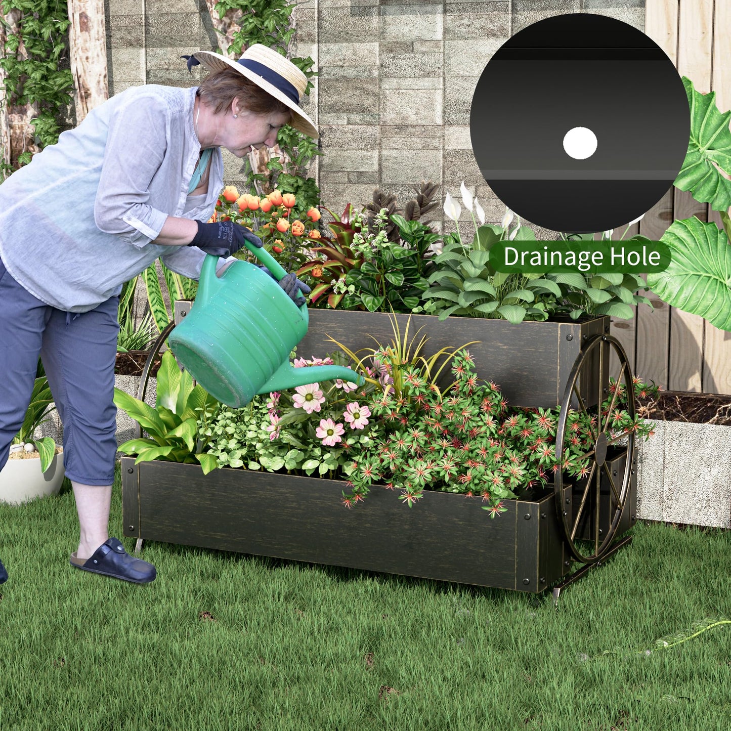 Athuiline Metal Raised Garden Beds with Wagon Wheels, 3-Tier Outdoor Planter Boxes, Decorative Herb Garden Planter for Flowers Herbs Vegetables, Small Flower Cart for Patio, Balcony (Retro Gold)