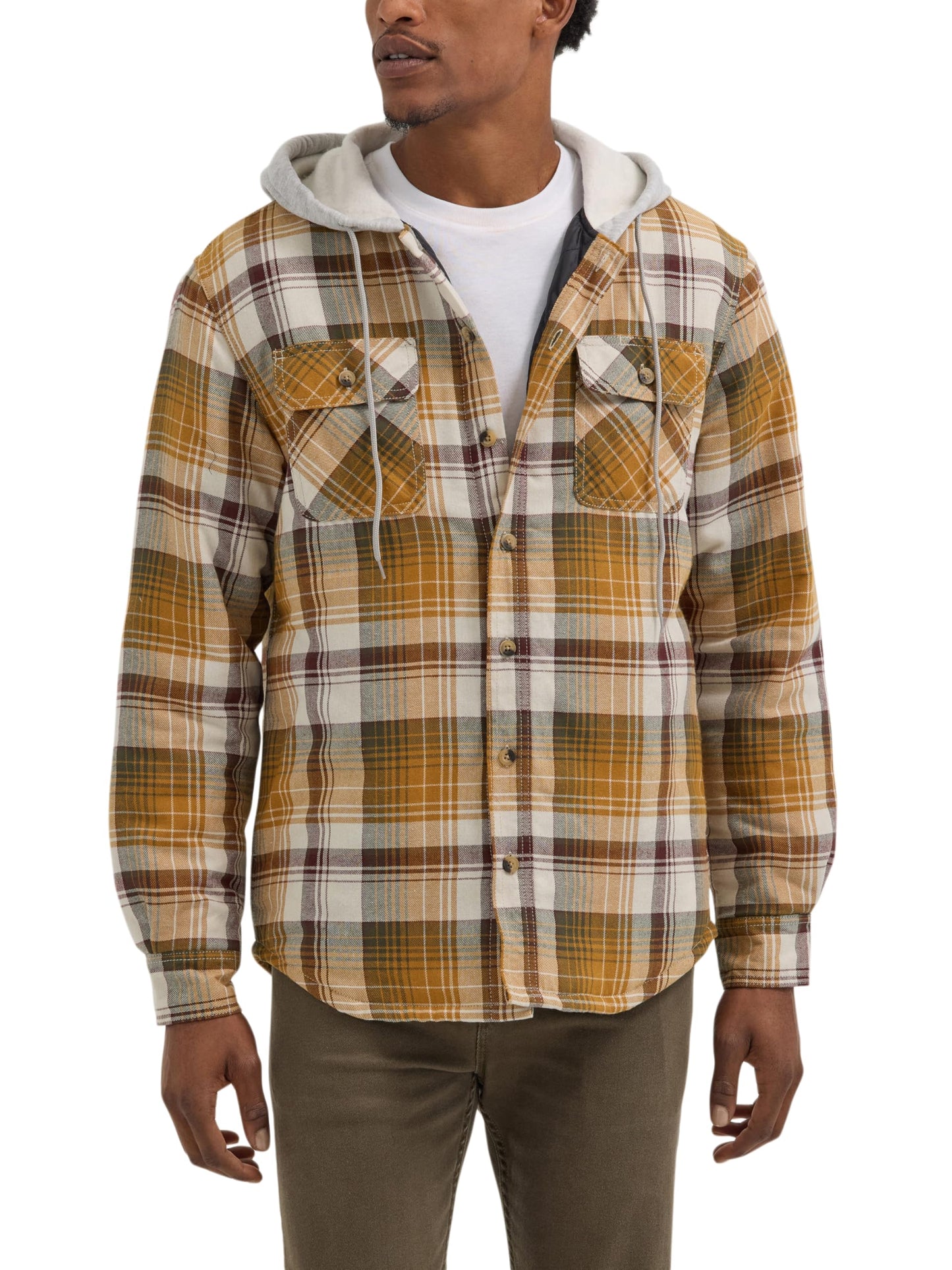 Wrangler Authentics Men's Long Sleeve Quilted Lined Flannel Shirt Jacket with Hood, Golden Brown, Small