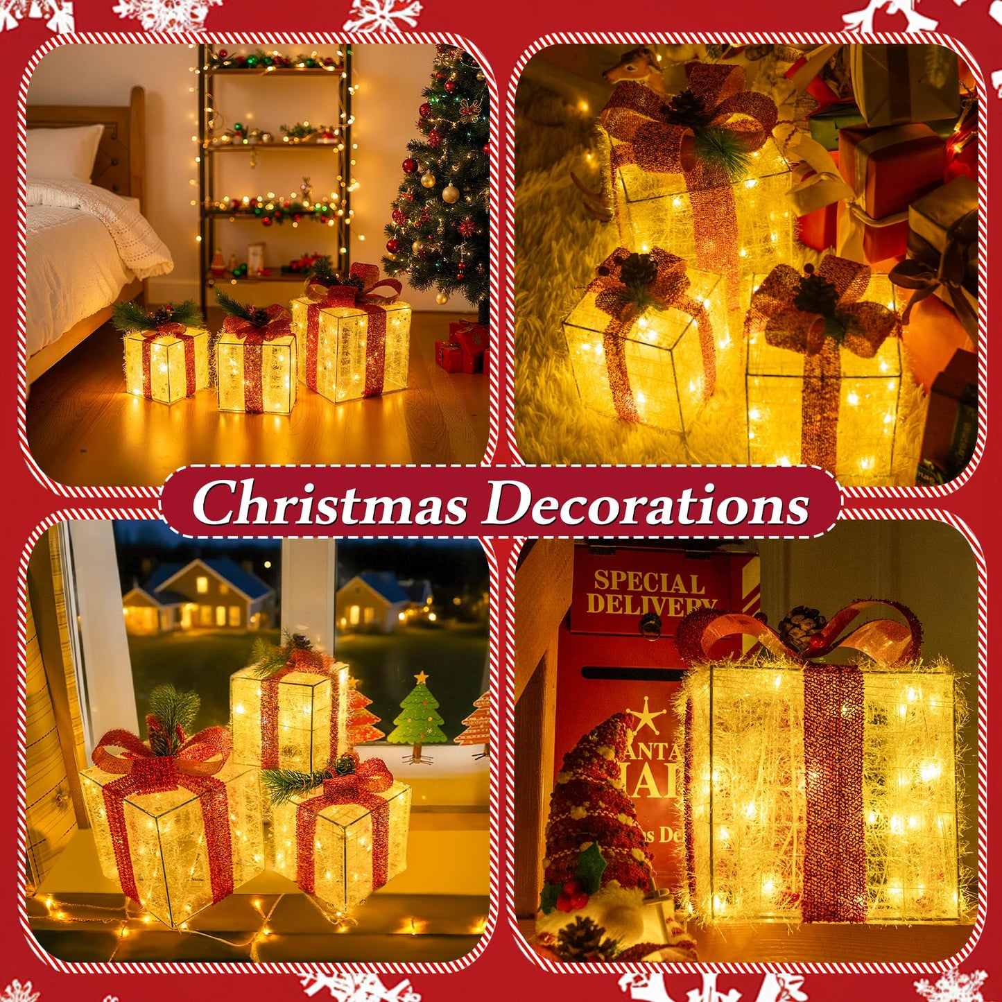 Ccinny Christmas Decorations, Set of 3 Christmas Lighted Gift Boxes, Pre-lit 60 LED Light Up Present Boxes Warm White Xmas Ornaments for Indoor Outdoor Yard Lawn Home Decor (Red Bow)