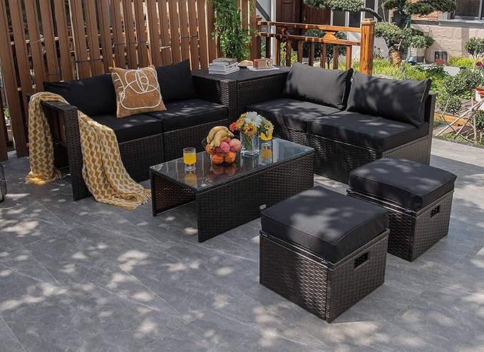 Tangkula 8 Piece Patio Furniture Set, Patiojoy Outdoor Space Saving PE Rattan