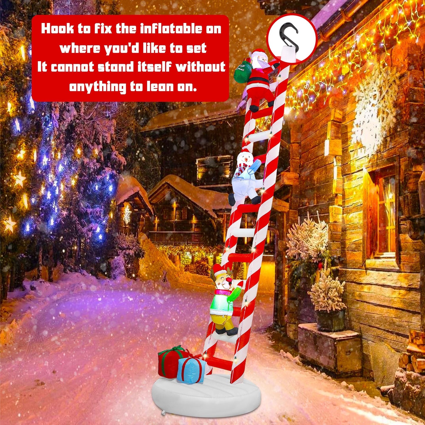 Joliyoou 10FT Christmas Inflatable Decorations, Giant Lighted Ladder Blowups Climbed with Reindeer, Santa, Snowman, C7 String Lights for Xmas Winter Holiday Roofs Trees Balconies Decor