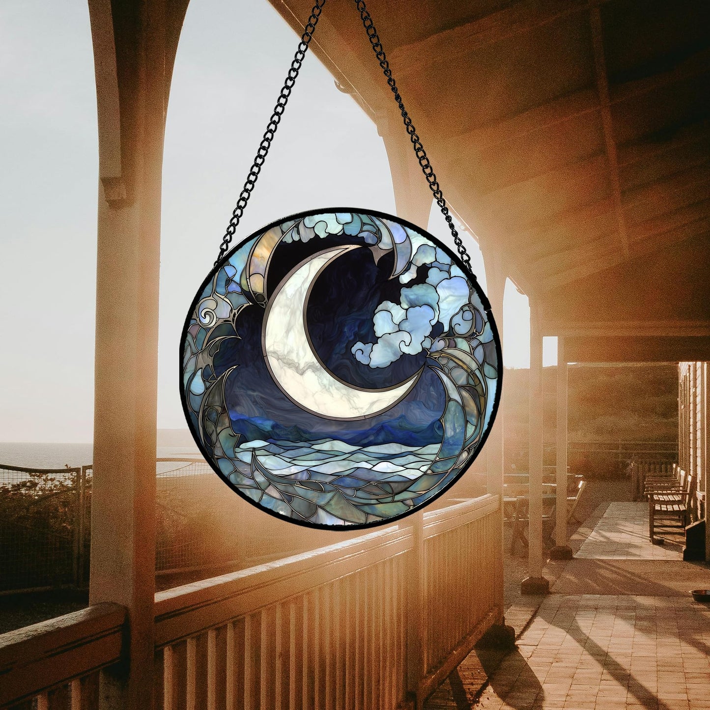 JOSUMALY Stained Glass Window Hanging - Abstract Sea of Clouds Moon Sun Catcher for Door Terrace Garden Home Decor, Gray Blue Suncatcher Birthday Gifts for Lovers Women Men Dad Mom Nana 11.8 in