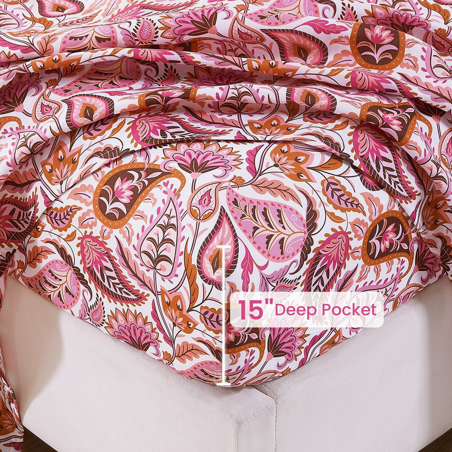 Softan Pink Paisley Floral Twin Sheet Set, 3-Piece Cozy Boho Microfiber Printed Fitted Bed Sheet with 15" Deep Pockets & Non-Slip Straps, Kids Girls Patterned Sheets & Pillowcase Set