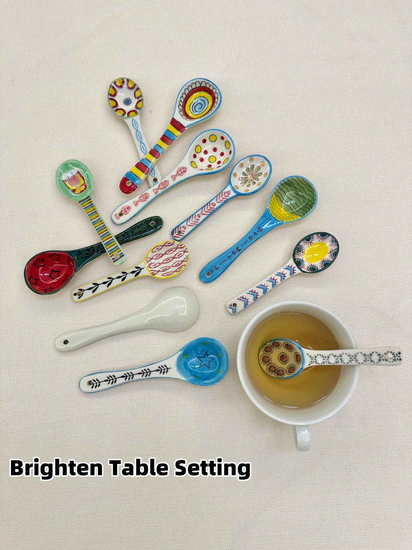 Ceramic Soup Spoons 6 Pcs- Hand-Painted Vibrant Small Serving Spoons for Ramen, Cereal, Yogurt, Dips, Microwave & Dishwasher Safe, Cute Spoons for Kitchen & Gifts