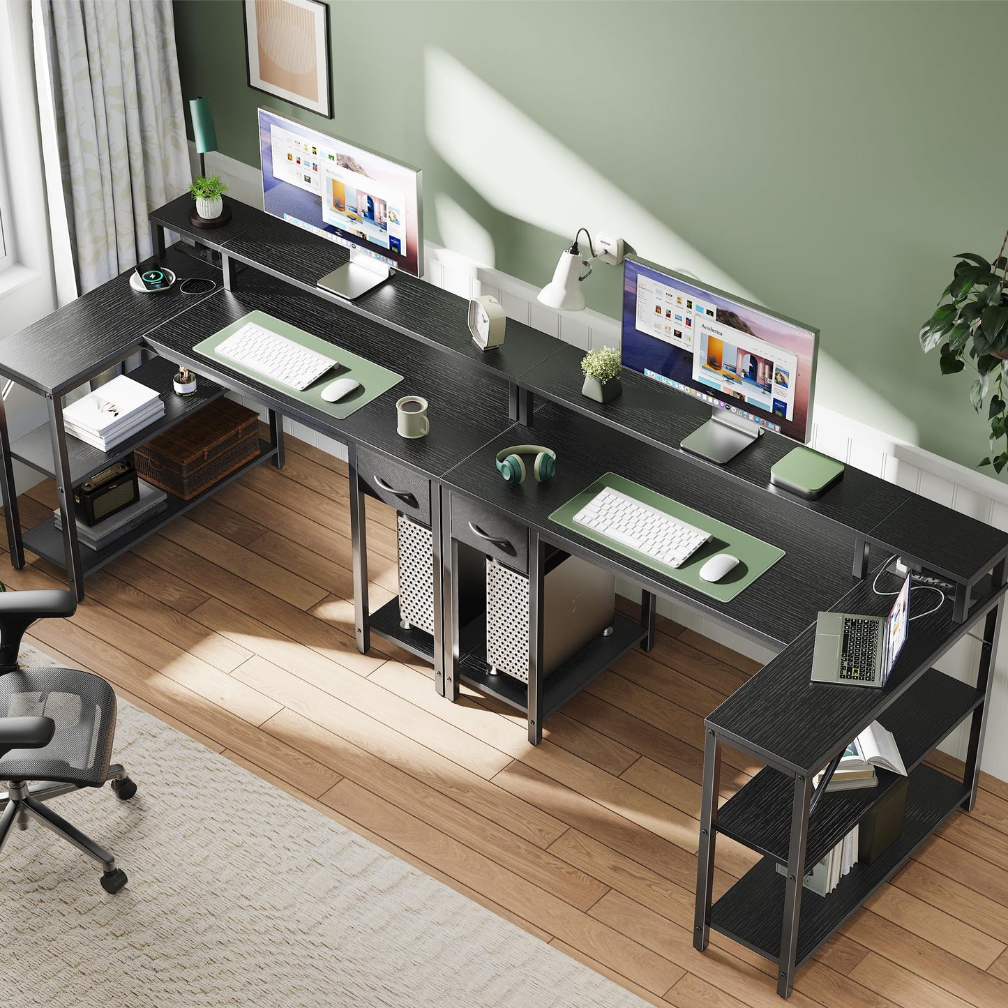 SUPERJARE 47 inch Reversible L Shaped Desk with LED Lights & Power Outlets, Computer Desk with Shelves & Monitor Stand, Gaming Desk with Drawer, Home Office Desk Corner Desk, Black