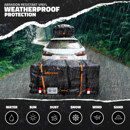 Mockins Folding Luggage Rack for SUV Car Truck ATV & More | 500 lb. Capacity Steel Trailer Hitch Cargo Carrier 60"x20"x6" w/ 16 Cu Ft Waterproof Cargo Bag for Hitch Carrier & Cargo Trailer Accessories