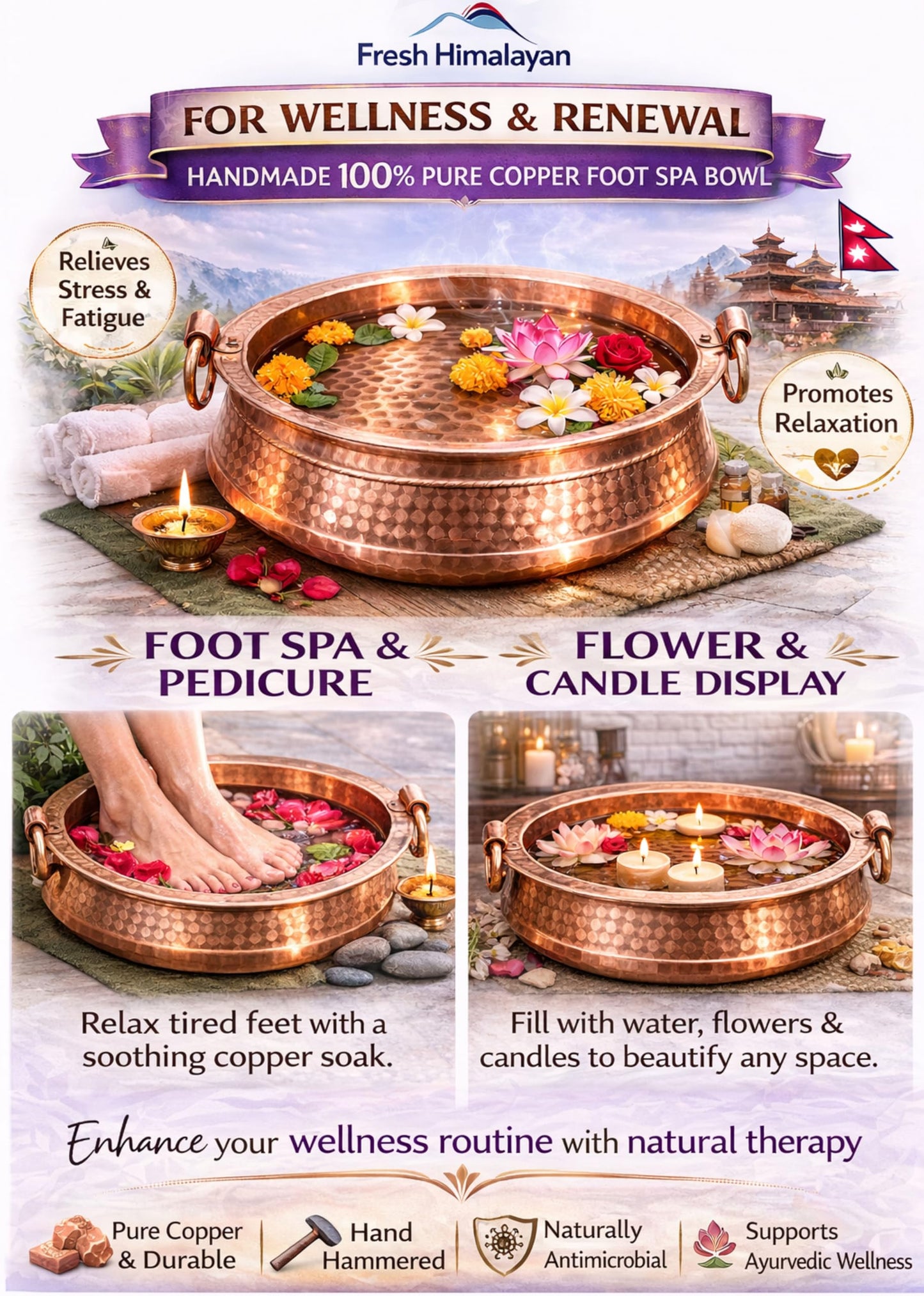 Himalayan Craft Pure Copper Foot Spa Bowl 11-12 Inch Handmade Nepali Khadkulo, Hammered Copper Pedicure Basin for Foot Soak, Relaxation & Wellness, Small to Medium Feet