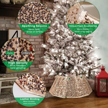 Blissun Christmas Tree Collar, Sequin Christmas Tree Skirt, Foldable Tree Ring, Xmas Tree Stand Base Cover for Christmas Tree Decoration, Champagne