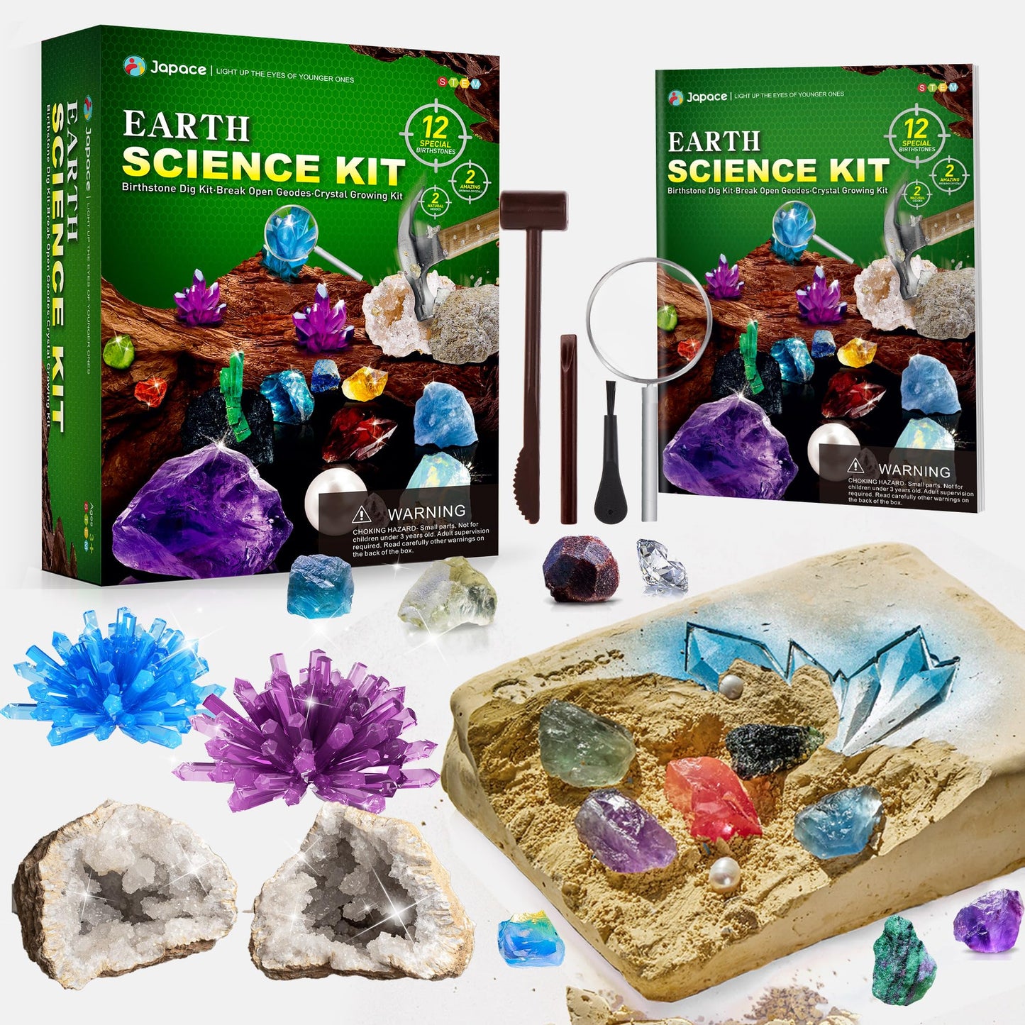 Japace Earth Science Kits for Kids Age 6-8-12-14, Birthstone Gemstone Dig Kit, Geology Kit with Break Your Own Geodes, Crystal Growing Experiment, Rock Mining Kit Birthday Gifts Toys for Boys Girls
