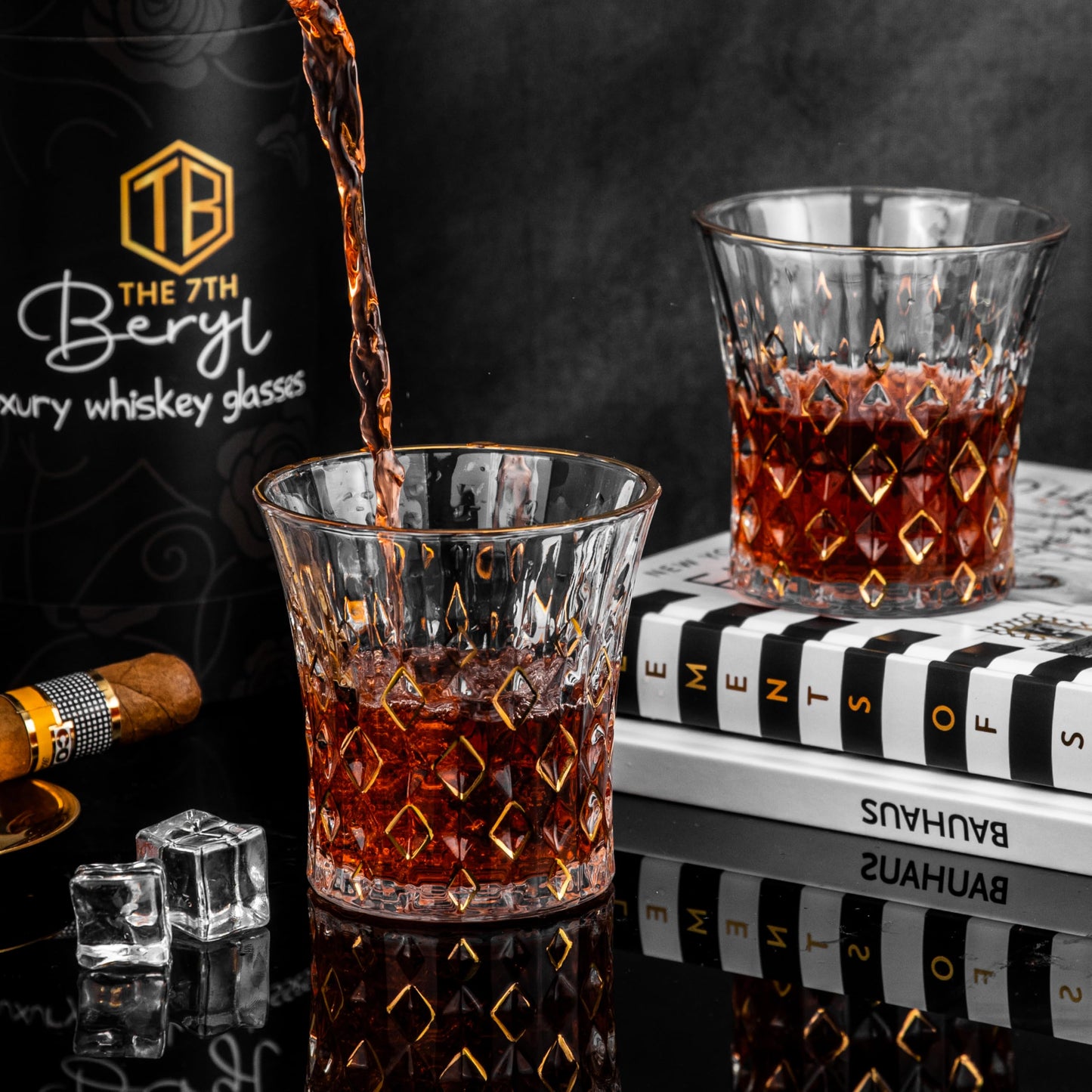 The 7th Beryl Whiskey Glasses Set of 2, Old Fashioned Glasses, Premium Lead-Free Crystal Bourbon & Scotch Rocks Glasses with 24K Gold Accents, Luxury Cocktail Glass Gift Set for Men, Husband, Dad