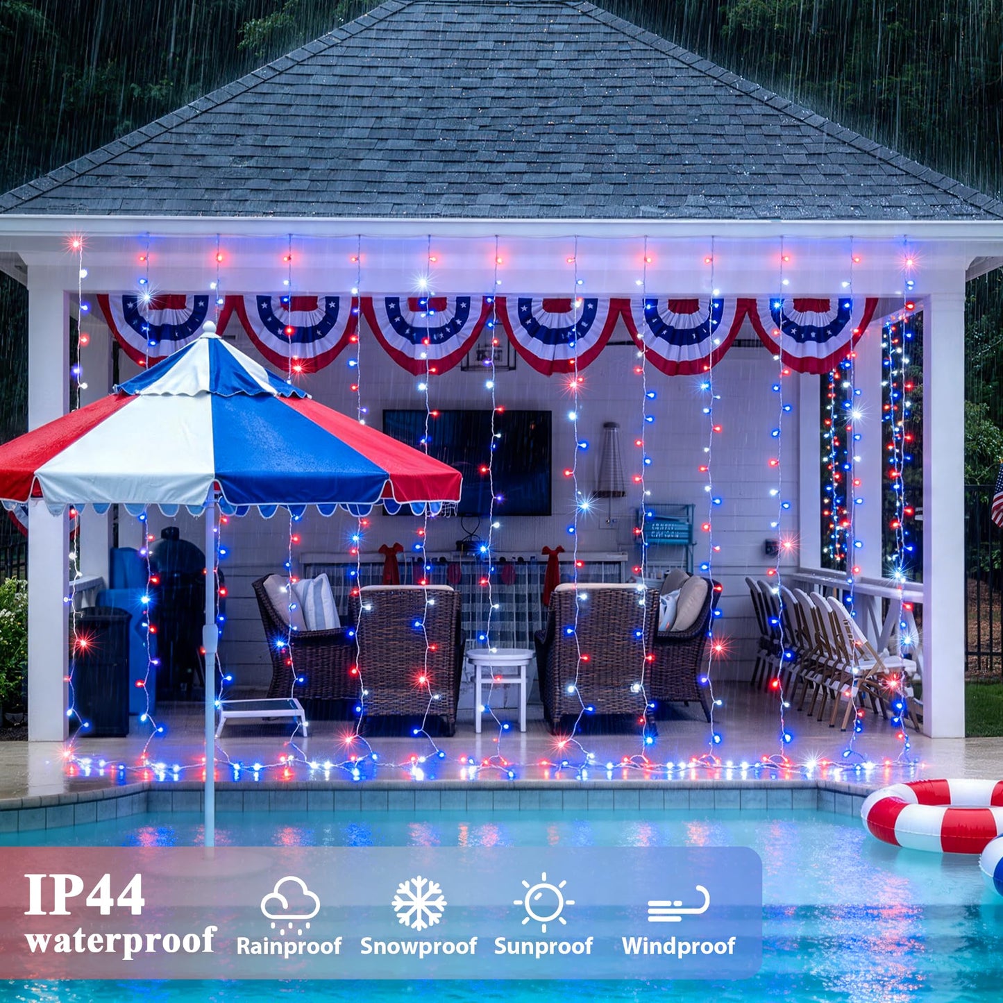 JMEXSUSS 300LED Red White and Blue Lights with Remote, 4th of July Lights Plug in, Patriots Curtain Hanging String Lights for Bedroom Wall Window Backdrop Indoor Outdoor 4th of July Decor, 9.8x9.8ft