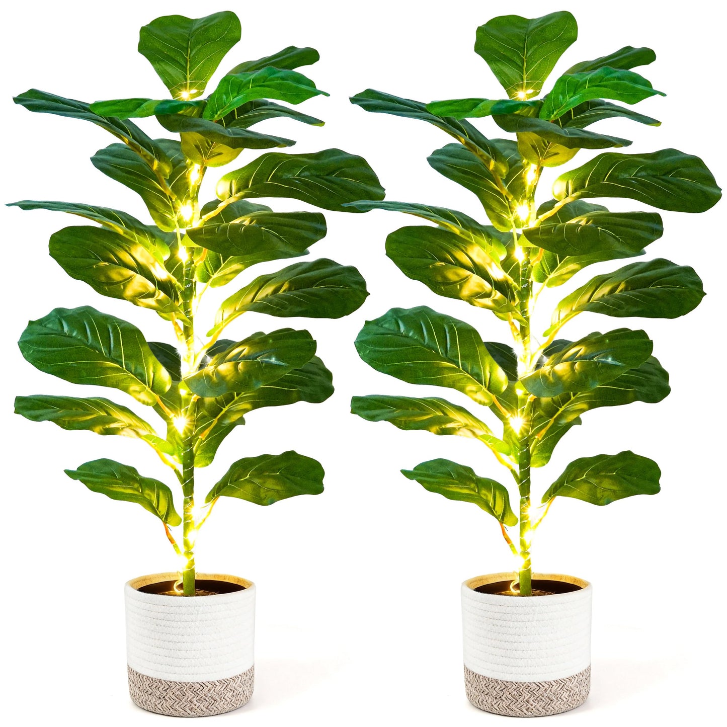 Der Rose 2 Pack 30" Artificial Fiddle Leaf Fig Tree with Warm LED Lights – Battery Powered, Mid-Size Fake Plants for Living Room, Bedroom, Entryway & Home Decor