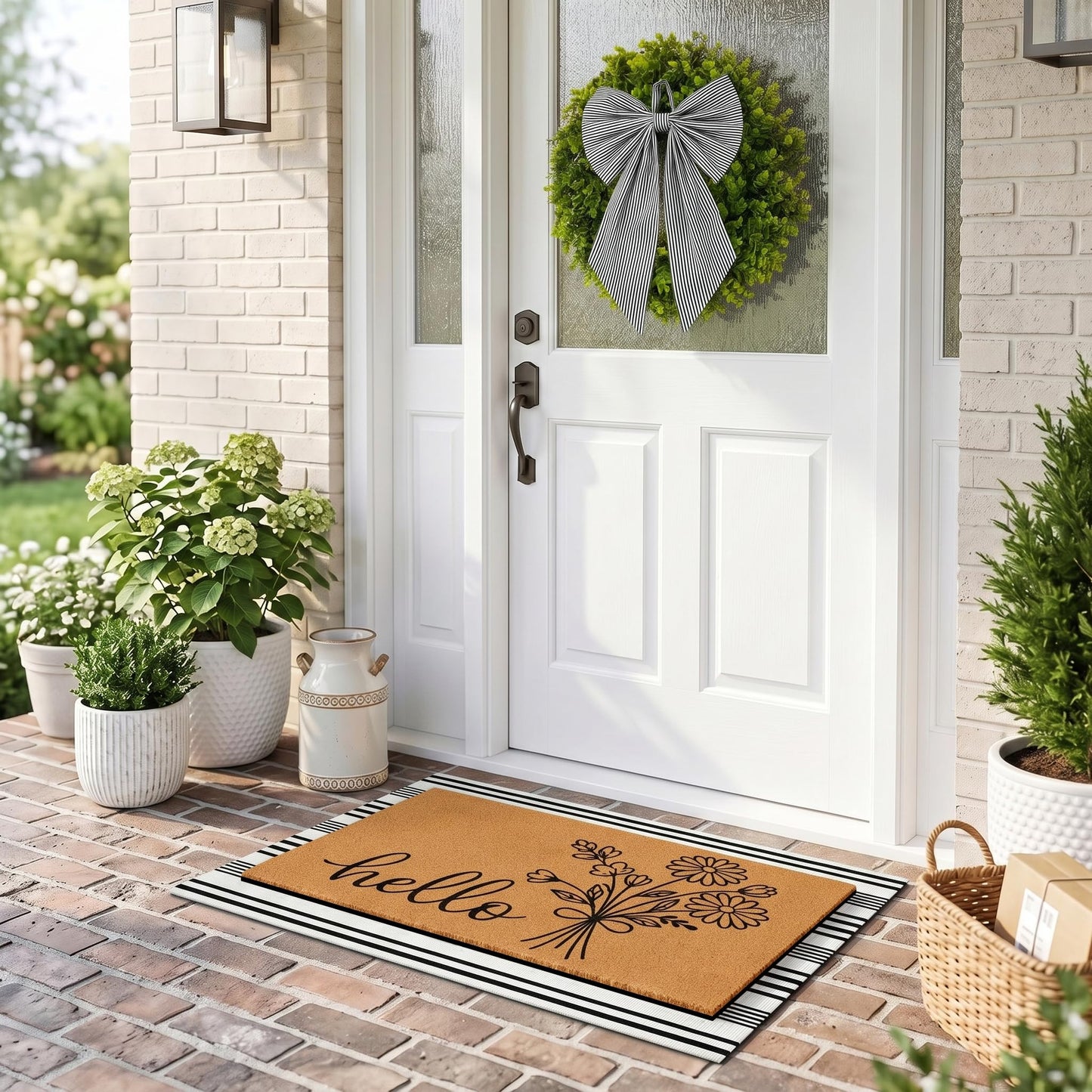 Britimes 3 Pcs Floral Hello Front Door Mat and Wreath Set Faux Coir Doormat Black and White Striped Layering Rug and 19" Greenery Wreath with Bow Outside Decor for Porch