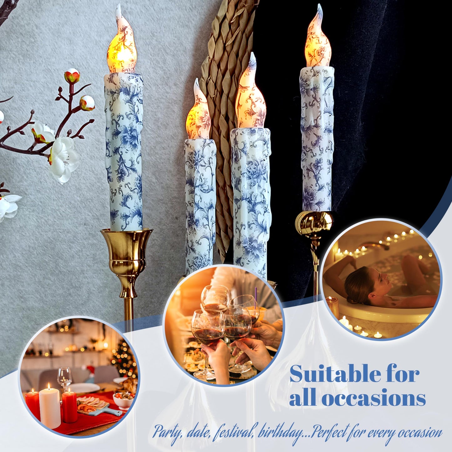 FCMSHAMD Blue and White Porcelain Flameless Short Taper Candles, Drip LED Battery Operated with Remote, Flickering Flame Lights for Home Décor, 6.7 Inch Primitive Flameless Print Candles, 4PCS