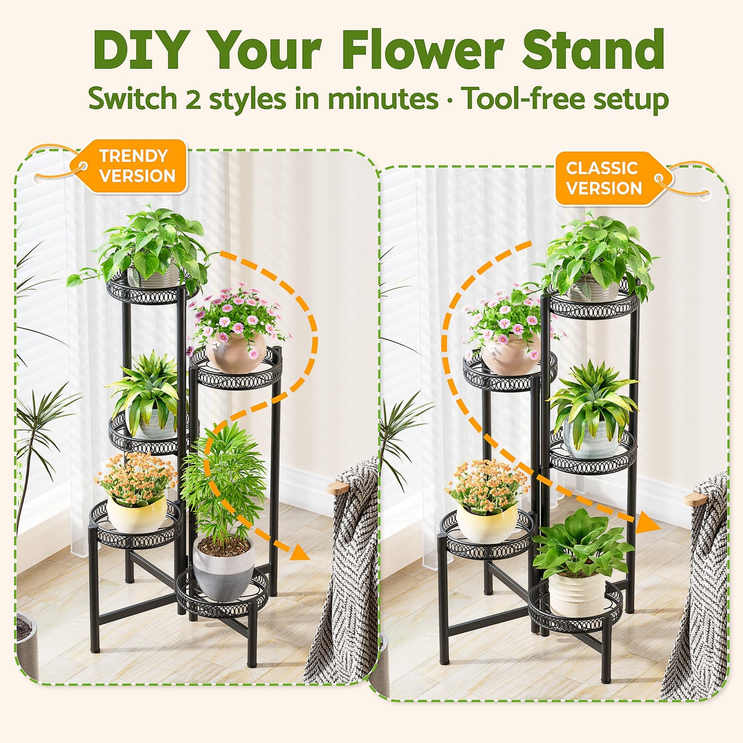 NQW Plant Stand Indoor Outdoor, 5 Tier Corner Metal Flower Display Holder Stand, Folding Tall Plant Rack for Patio Balcony Porch Garden Living Room House, Heavy Duty Wrought Iron Plant Shelf - BlackFlower