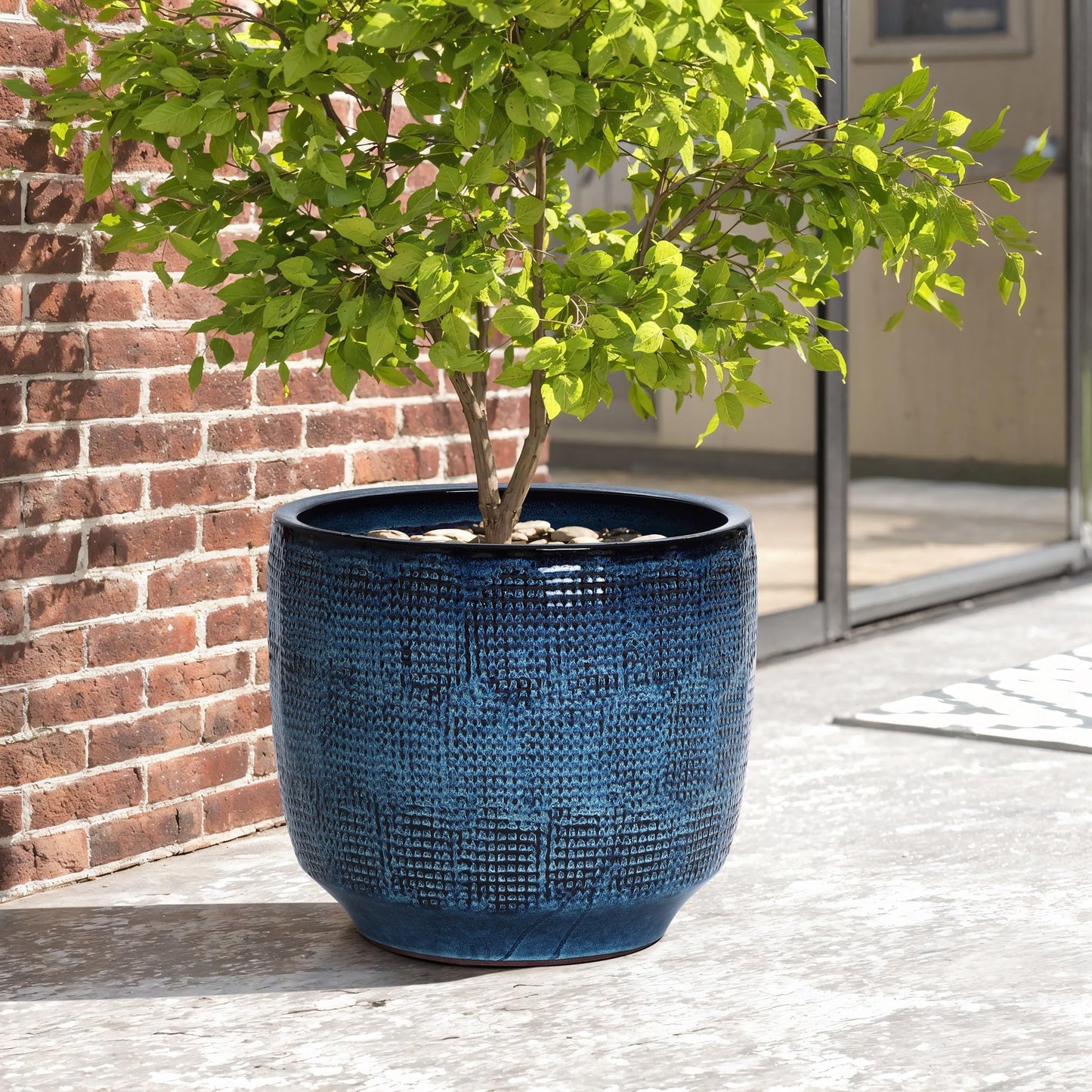 LuxenHome 15.75" Dia Large Ceramic Pots for Plants, Teal Blue Glazed Planters for Outdoor Plants, Round Indoor Flower Pots with Drainage Hole and Rubber Plug for Home Garden Patio