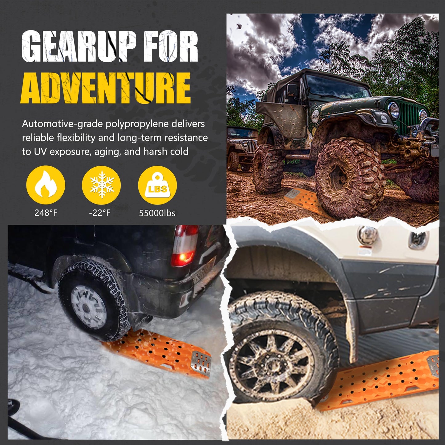 BUNKER INDUST Offroad Traction Board with Jack Base,Pair 47.24"L x 14"W Recovery Track Tire Traction Mat -Orange Sand,Mud,Snow Ramps (Replaceable Dual Colors Teeth/Rugged Steel Plate) Gen 11th