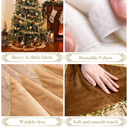 Valery Madelyn Christmas Tree Skirt for Tree Decorations, 60 inch Luxury Sparking Gold Large Xmas Velvet Tree Skirt with Starshaped Sequins Pattern & Ruffle Trim for Chritmas Decor
