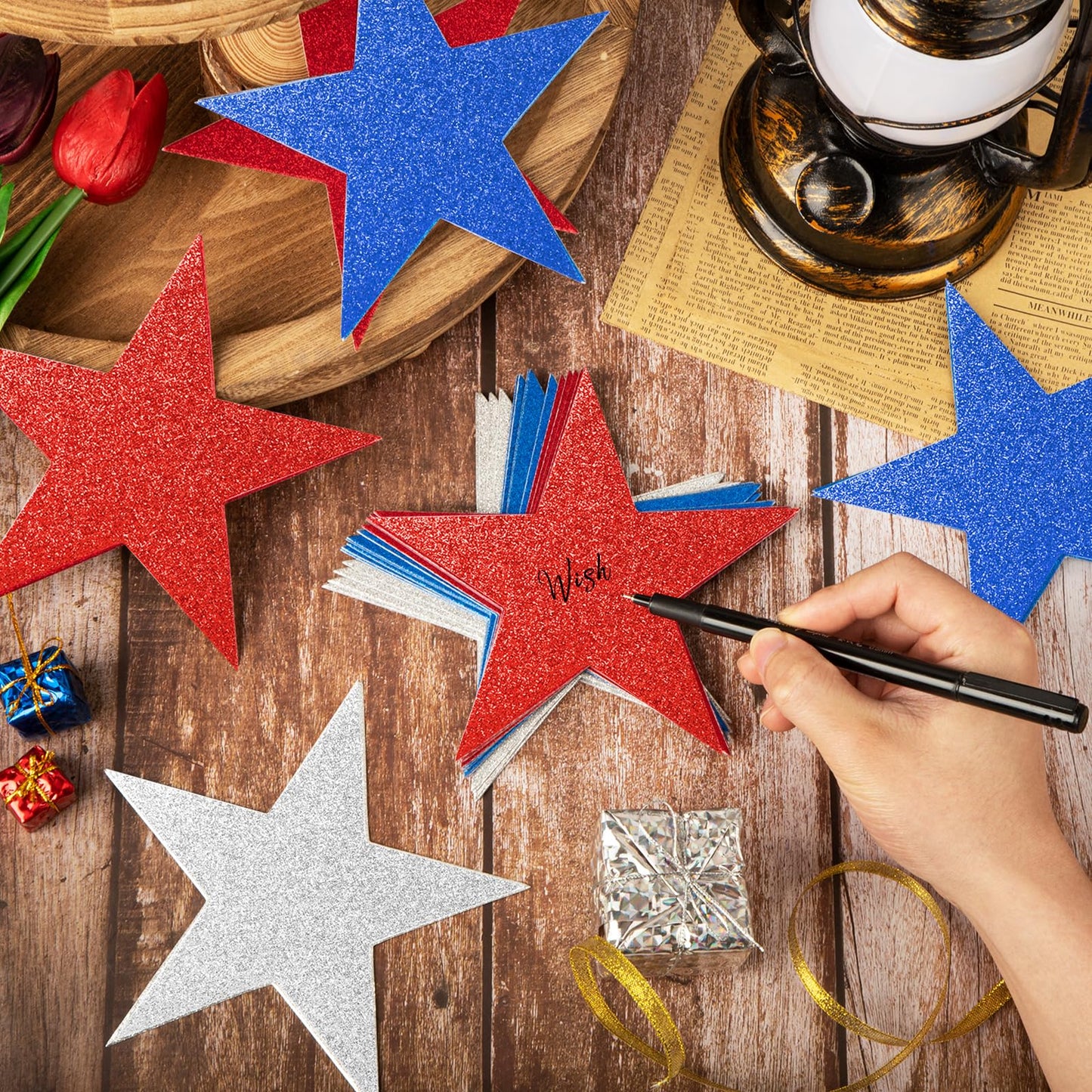 60 Pcs Patriotic Star Cutouts Double Printed Paper Star Confetti Cutouts for 4th of July Decoration Bulletin Board Classroom Wall Decoration,6 Inches (Red, Blue, Silver)