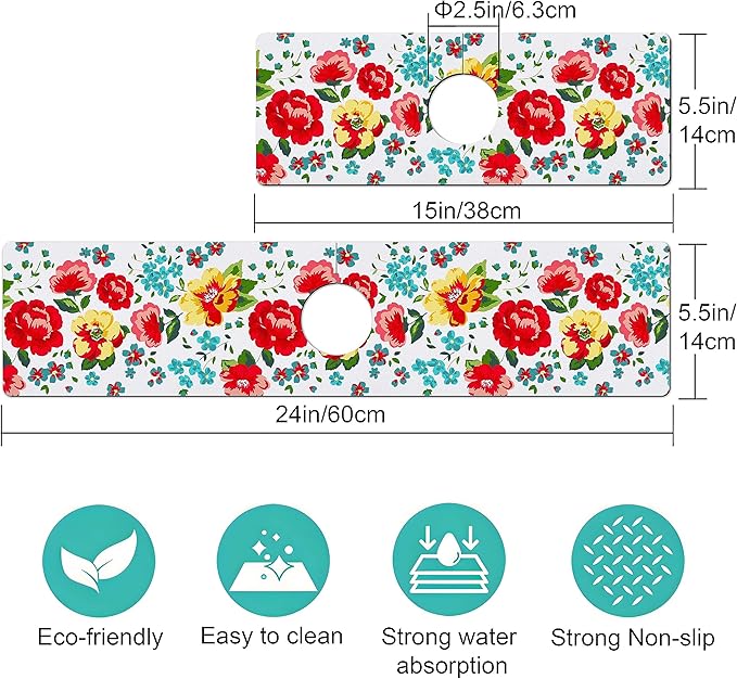 Kitchen Sink Splash Guard Faucet Mat -2 PC Super Absorbent Fast Drying Mat Sink