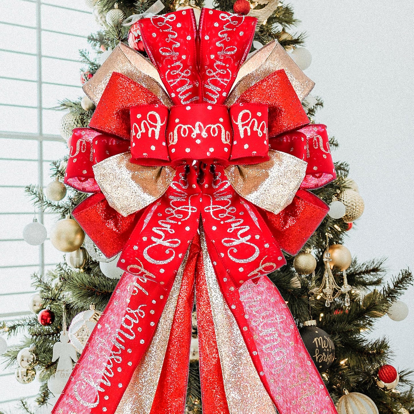 Christmas Tree Topper Christmas Wreath Bow 45"x12" Large Christmas Toppers Bow with Letter Patterned for Xmas Tree Rustic Farmhouse Home Holiday Party Decorations Red