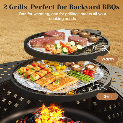 Outdoor Fire Pit, 48" Fire Pit for Outside Wood Burning with Adjustable 2 Grills, Firepit with Lid and Fire Poker, BBQ, Bonfire, Round Outdoor Fireplace 3 in 1 for Patio, Backyard, Garden, Camping