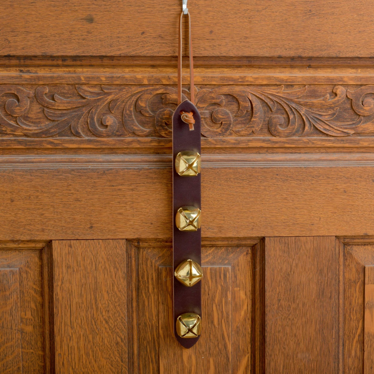Amish Crafted Leather Strap Arctic Sleigh Bell Door Hanger Hanging Jingle Bells (Brown Leather, 14 Inches)