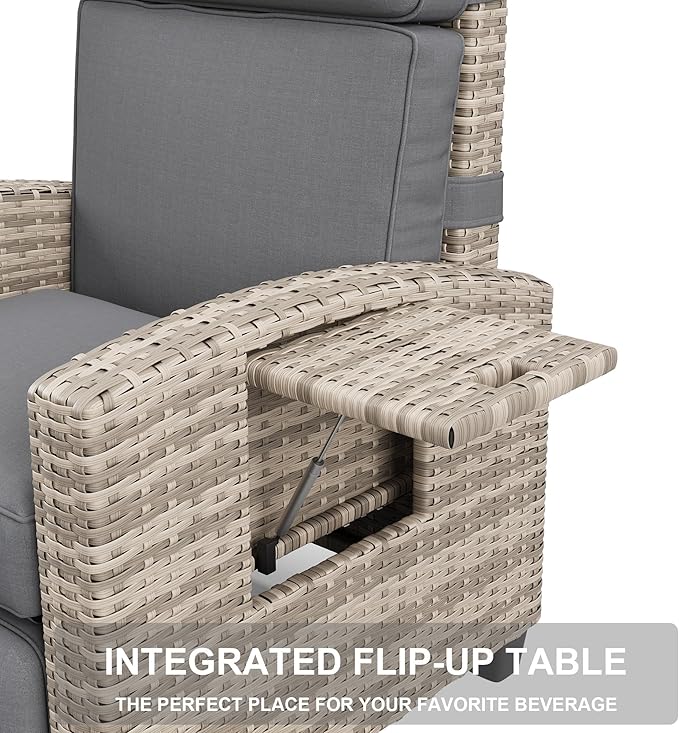 Garvee Outdoor Recliner Chair, 145° Adjustable Backrest & Footrest Lounge Chair with Removable Cushion and Flip-Up Side Table, All-Weather PE Wicker & Steel Frame for Poolside, Deck, Balcony, Khaki