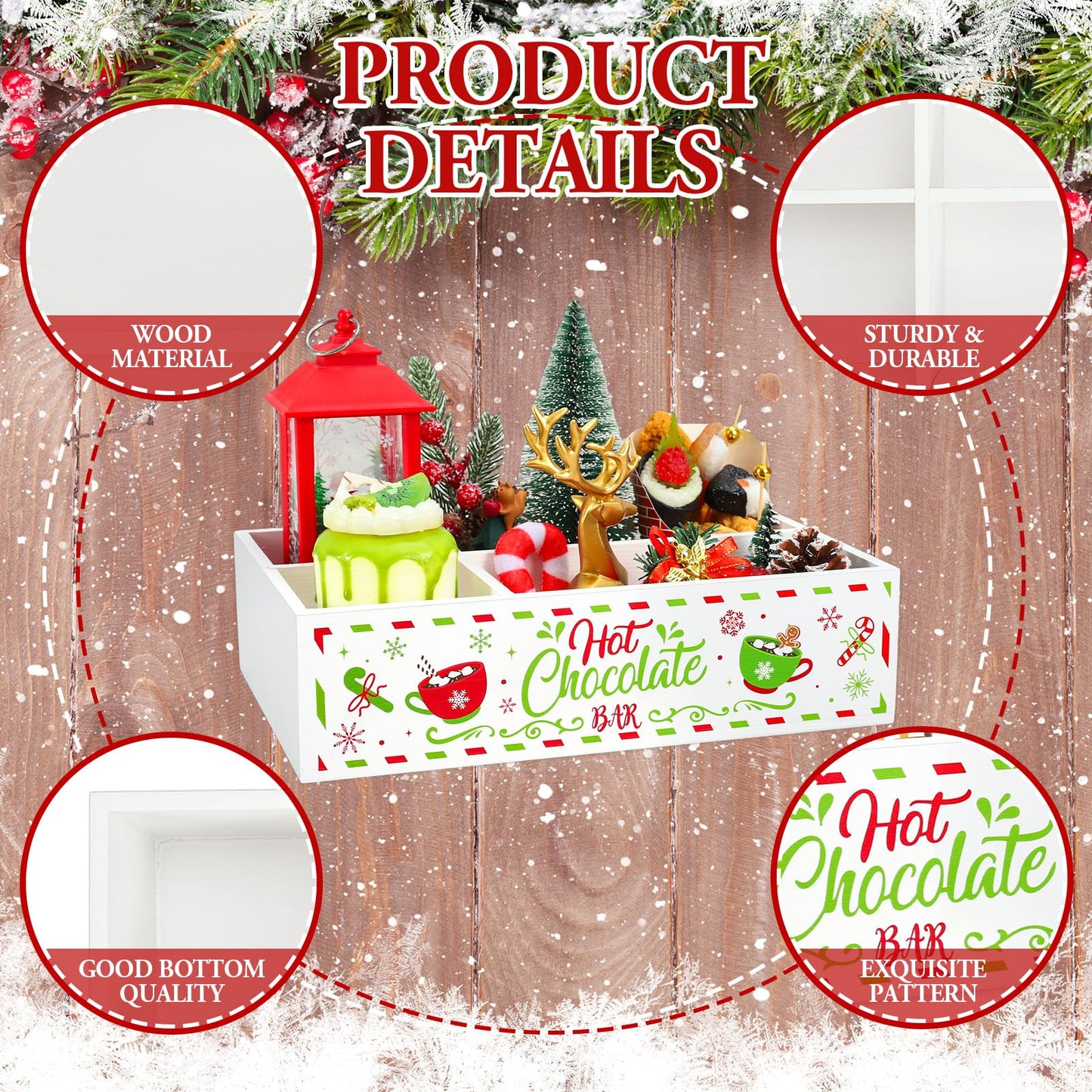 FYSUIMU Christmas Hot Cocoa Wood Storage Box Red-Green Xmas Rustic Wooden Organizer Bins Tabletop with 4 Compartments for Holiday Farmhouse Party Home Office Kitchen Decor