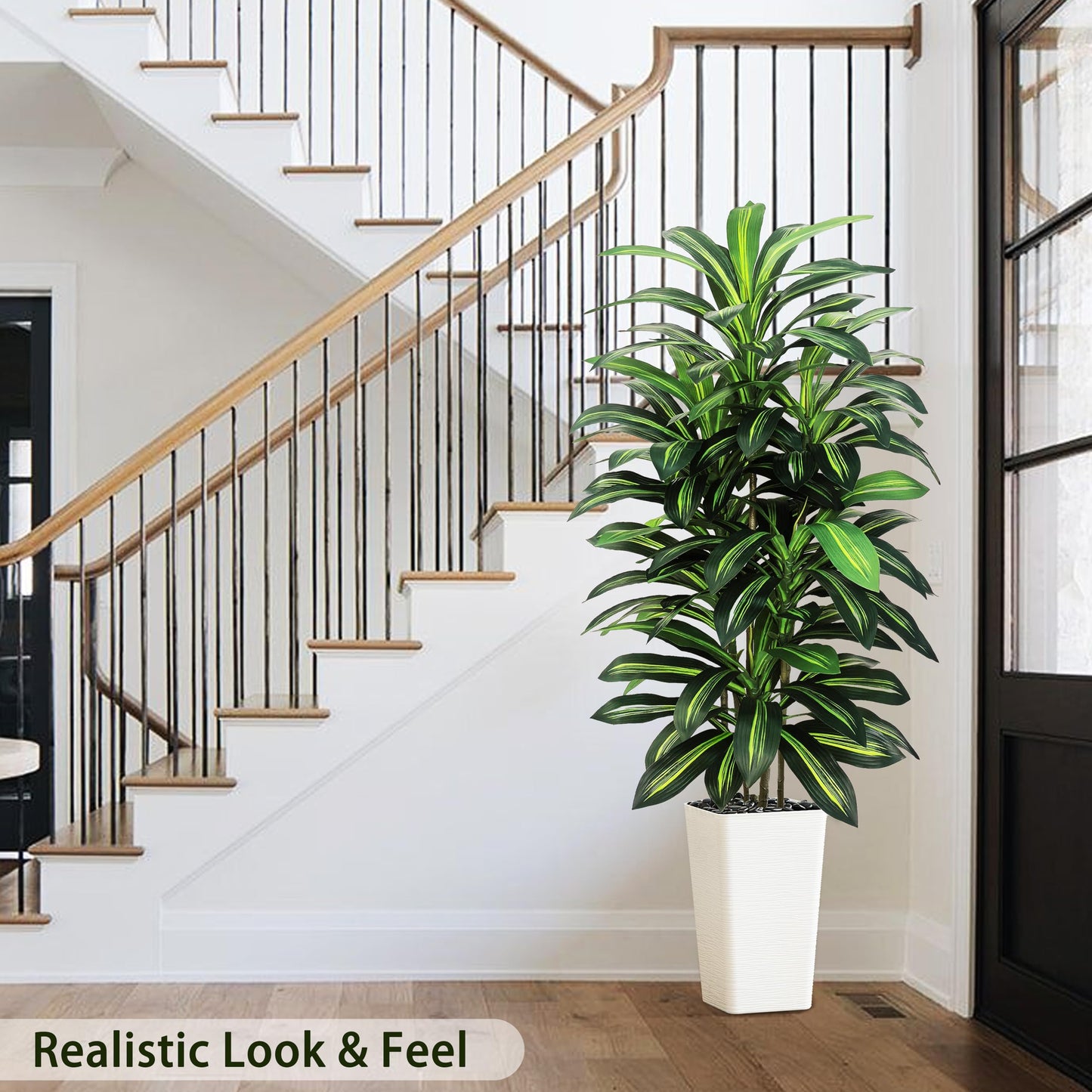 Artifical Dracaena Tree Indoor, 5FT Tall Fake Floor Plants with White Planter, Fuax Silk Yucca Tree for Home Office Living Room Bedroom Farmhouse Modern Outdoor Topiary Tree