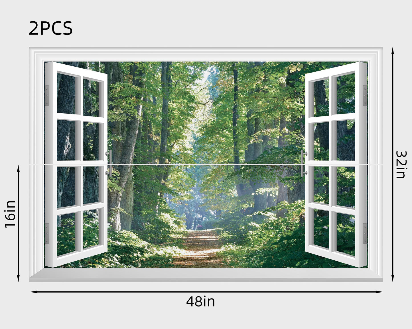 FLFK Fake Window Wall Mural - Road in The Forest Faux Window Wall Sticker for Wall Decor, Peel and Stick Wall Decals,48"x32",Set of 2 Sheets