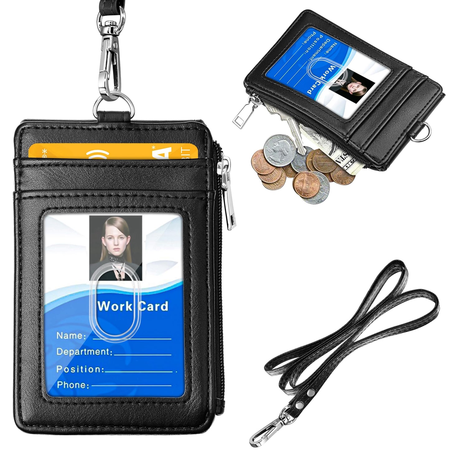 ELV Badge Holder with Zipper, PU Leather ID Badge Card Holder Wallet with 5 Card Slots, 1 Side RFID Blocking Pocket and 20 inch Neck Lanyard Strap for Offices ID, School ID, Driver Licence (Black)