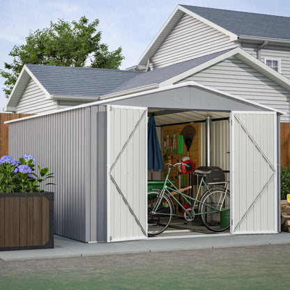 KEIKI 10x12 FT Metal Storage Shed with Reinforced Floor Frame, Outdoor Garden Tool Shed with Lockable Double Doors, Ventilated Galvanized Steel Utility Storage House for Backyard Patio Lawn Equipment
