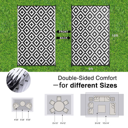 OLANLY Waterproof Outdoor Rug 9x18 ft, Outdoor Plastic Straw Rug for Camping, RV Mat Outside, Indoor Outdoor Carpet for Porch, Deck, Backyard, Balcony, Picnic, Black & White