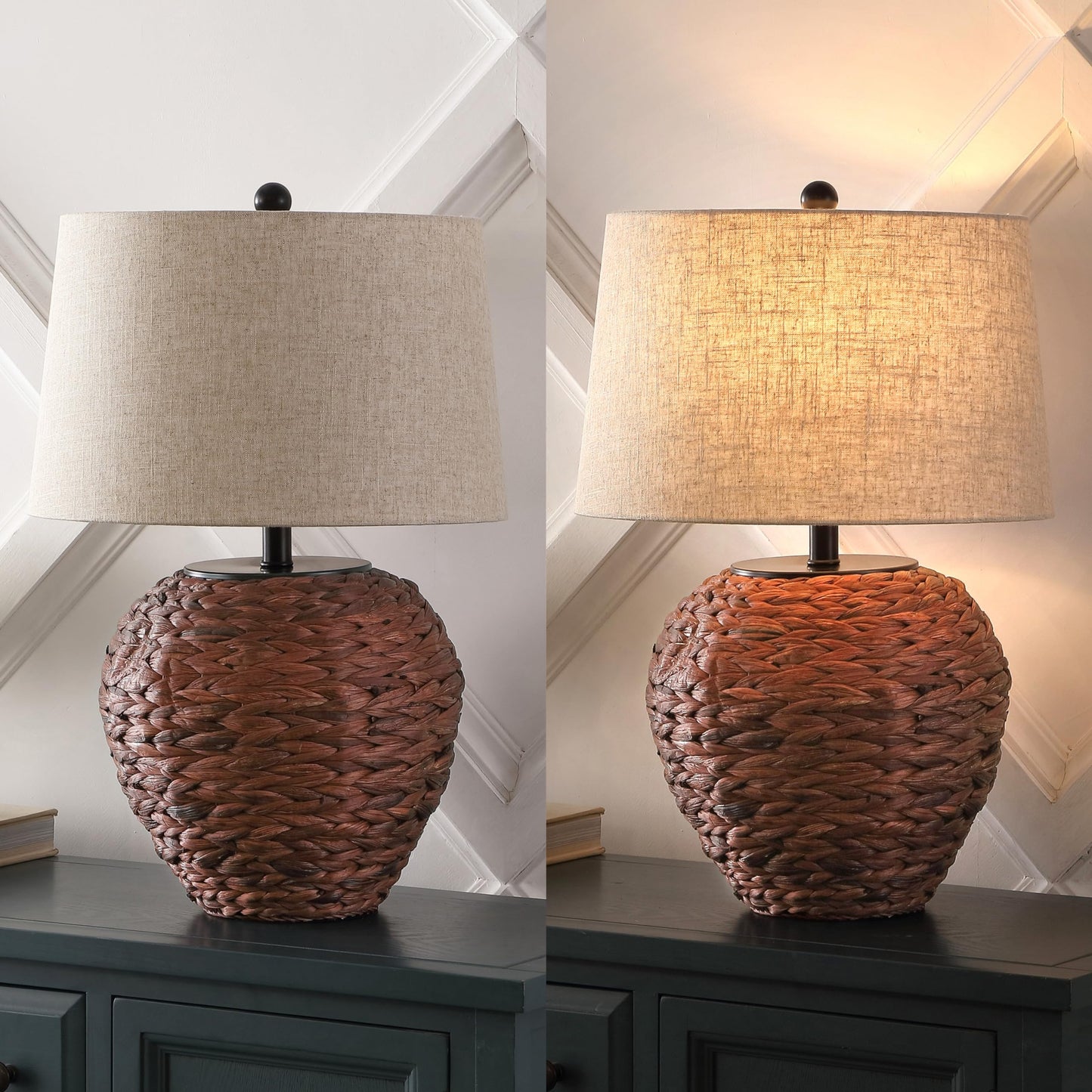 JONATHAN Y 24.5" Dark Brown Water Hyacinth Farmhouse Basket Table Lamp, Coastal Decor for Living Room Bedroom Nightstand, Light Gray Linen Shade, LED Bulb Included (JYL6501B)
