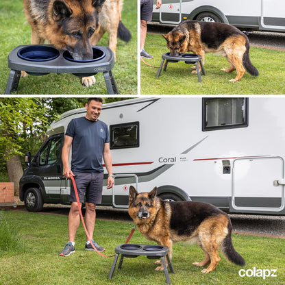 Colapz Collapsible Dog Bowls with Adjustable Stand – Foldable Elevated Food & Water Bowls for Dogs & Cats – Travel, Camping & Car – Silicone Pet Bowls with Carry Bag, Grey