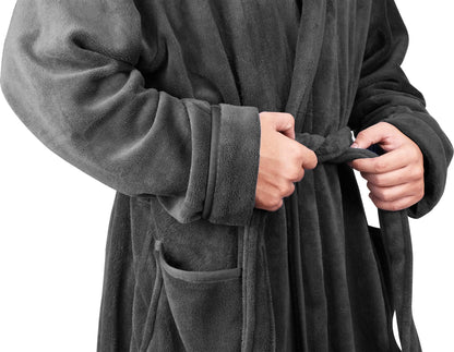 NY Threads Luxury Men Dressing Gown Super Soft Fleece Bath Robe Cozy Shawl Collar Loungewear and Nightwear, Large, Grey