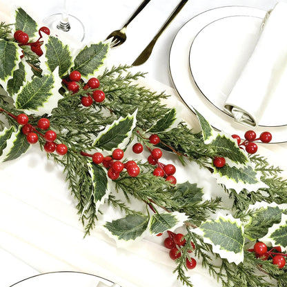 2Pcs 5.7Ft Artificial Christmas Garlands, Red Berry Greenery Leaves Xmas Garland for Mantel Fireplace Holiday Winter Xmas Decor